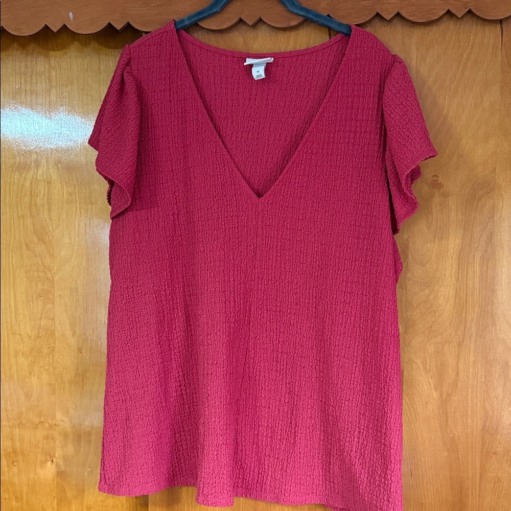 Ava & Viv Deep V Textured Ruffle Sleeve Top - Red